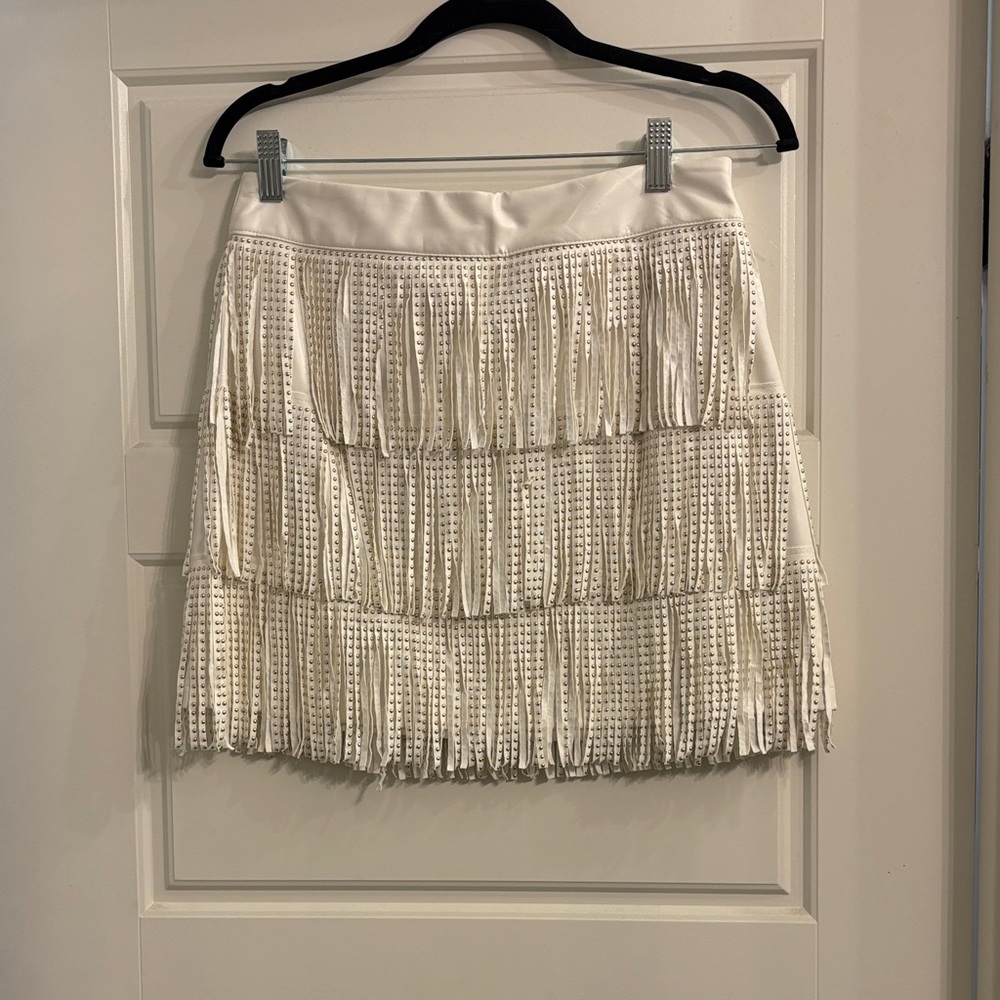 White faux leather Fringe Skirt